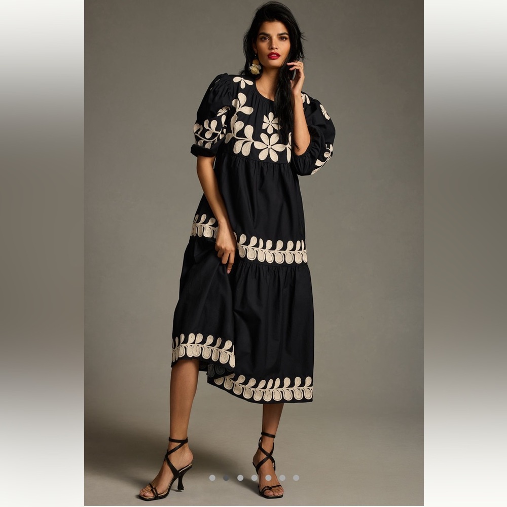 By Anthropologie embroidered puff-sleeve midi dress